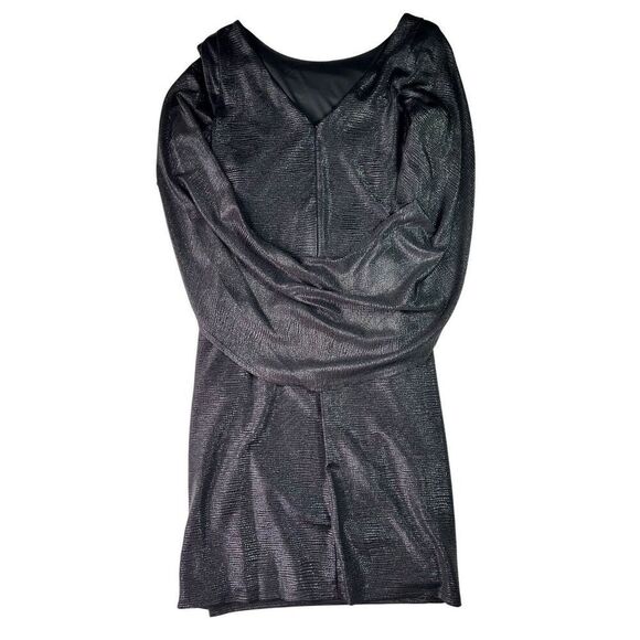 R&M Richards Women's Sz 8 Drape Back Metallic Knit Split Sleeve Short Dress Blck - Picture 14 of 16